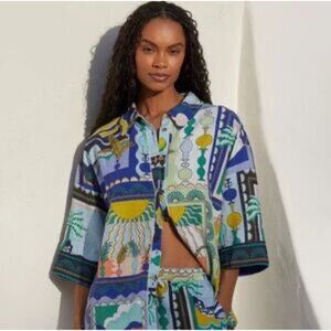 Anthropologie Celandine Linen Button Down Shirt S | Boho Coastal Print Vacation